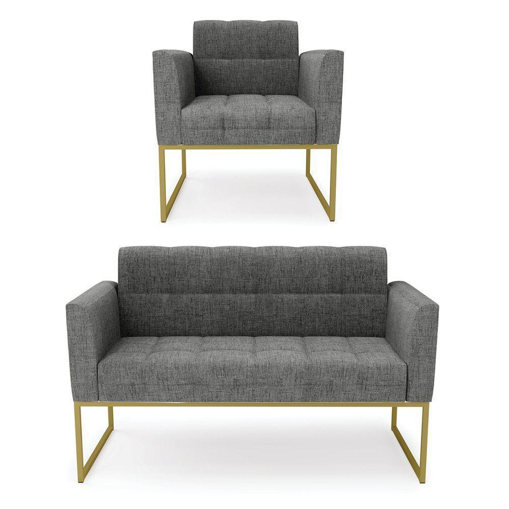 Kit 1 Sofá Namoradeira E 1 Poltrona Elisa Linho Grafite A26 Base Metálica Industrial Dourada - - 1