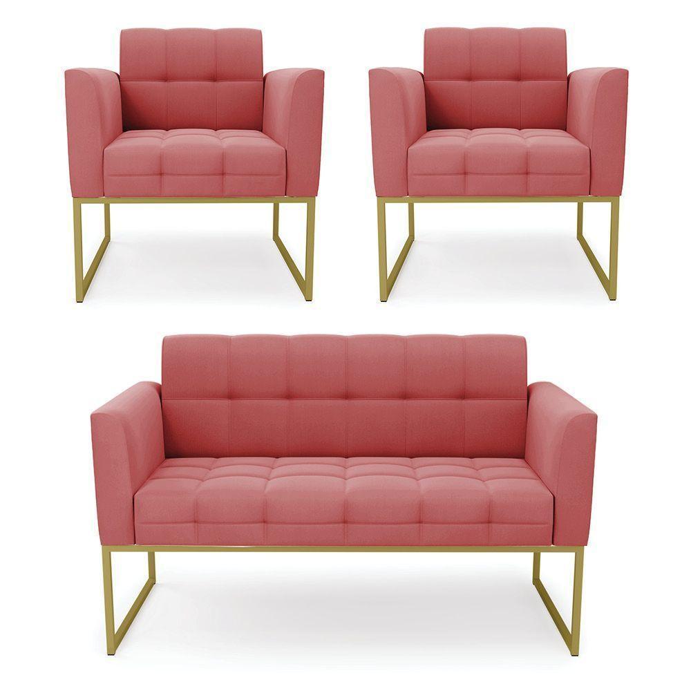 Kit 1 Sofá Namoradeira E 2 Poltronas Elisa Suede Base Metálica Industrial Dourada D'rossi Cor Rose - 1