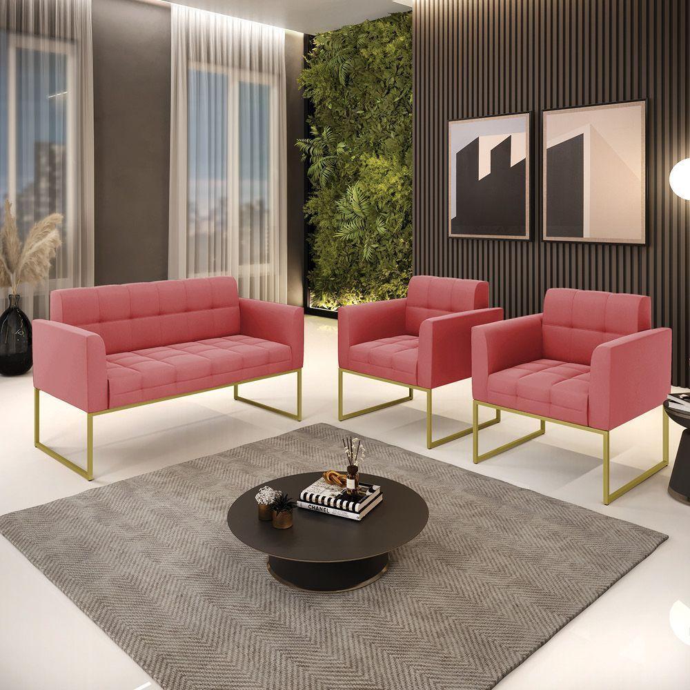 Kit 1 Sofá Namoradeira E 2 Poltronas Elisa Suede Base Metálica Industrial Dourada D'rossi Cor Rose - 2