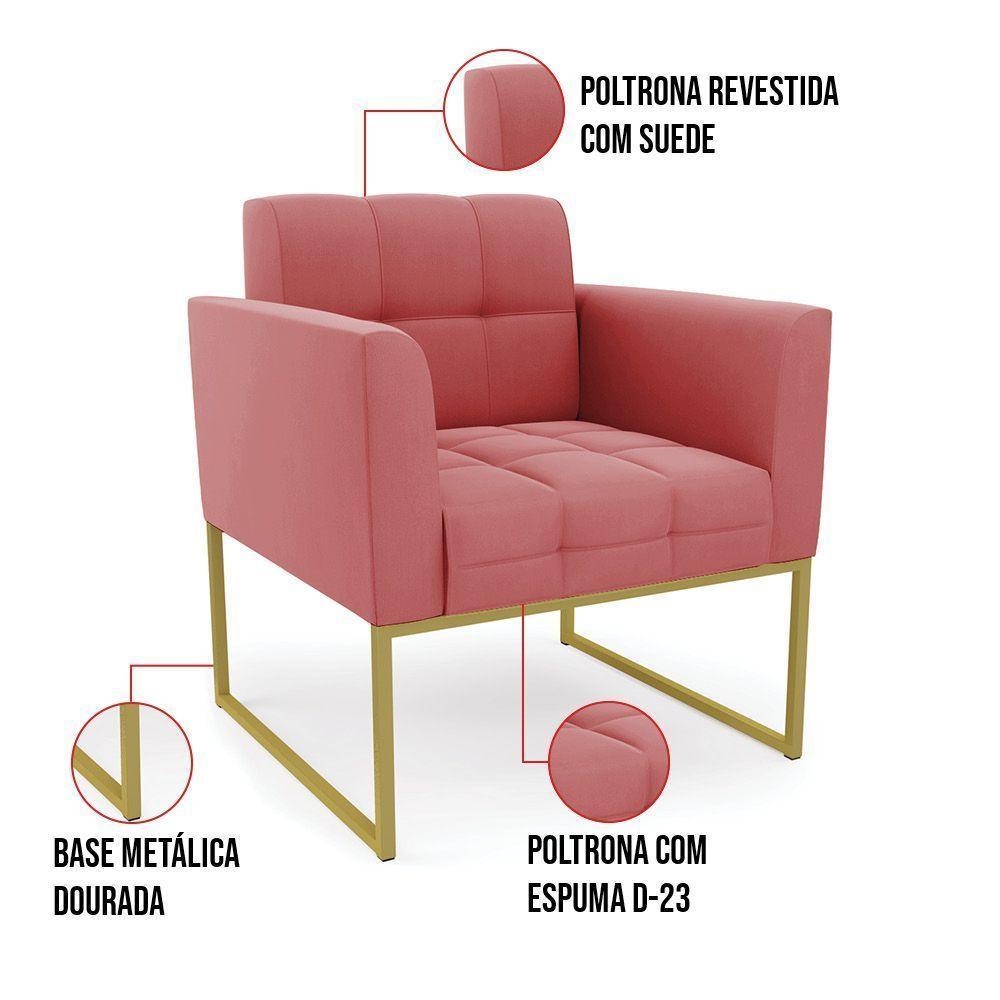 Kit 1 Sofá Namoradeira E 2 Poltronas Elisa Suede Base Metálica Industrial Dourada D'rossi Cor Rose - 7