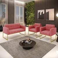 Kit 1 Sofá Namoradeira E 2 Poltronas Elisa Suede Base Metálica Industrial Dourada D'rossi Cor Rose - 2
