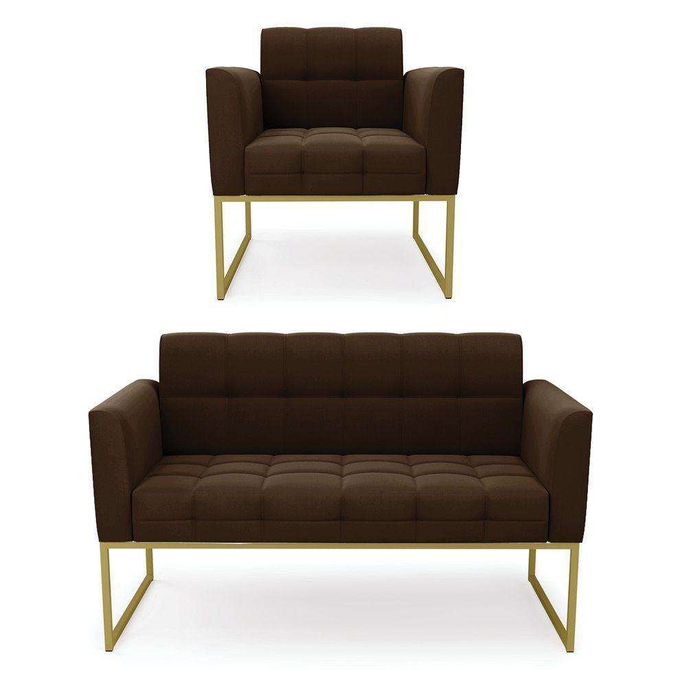 Kit 1 Sofá Namoradeira E 1 Poltrona Elisa Suede Marrom Base Metálica Industrial Dourada - D'rossi - 1