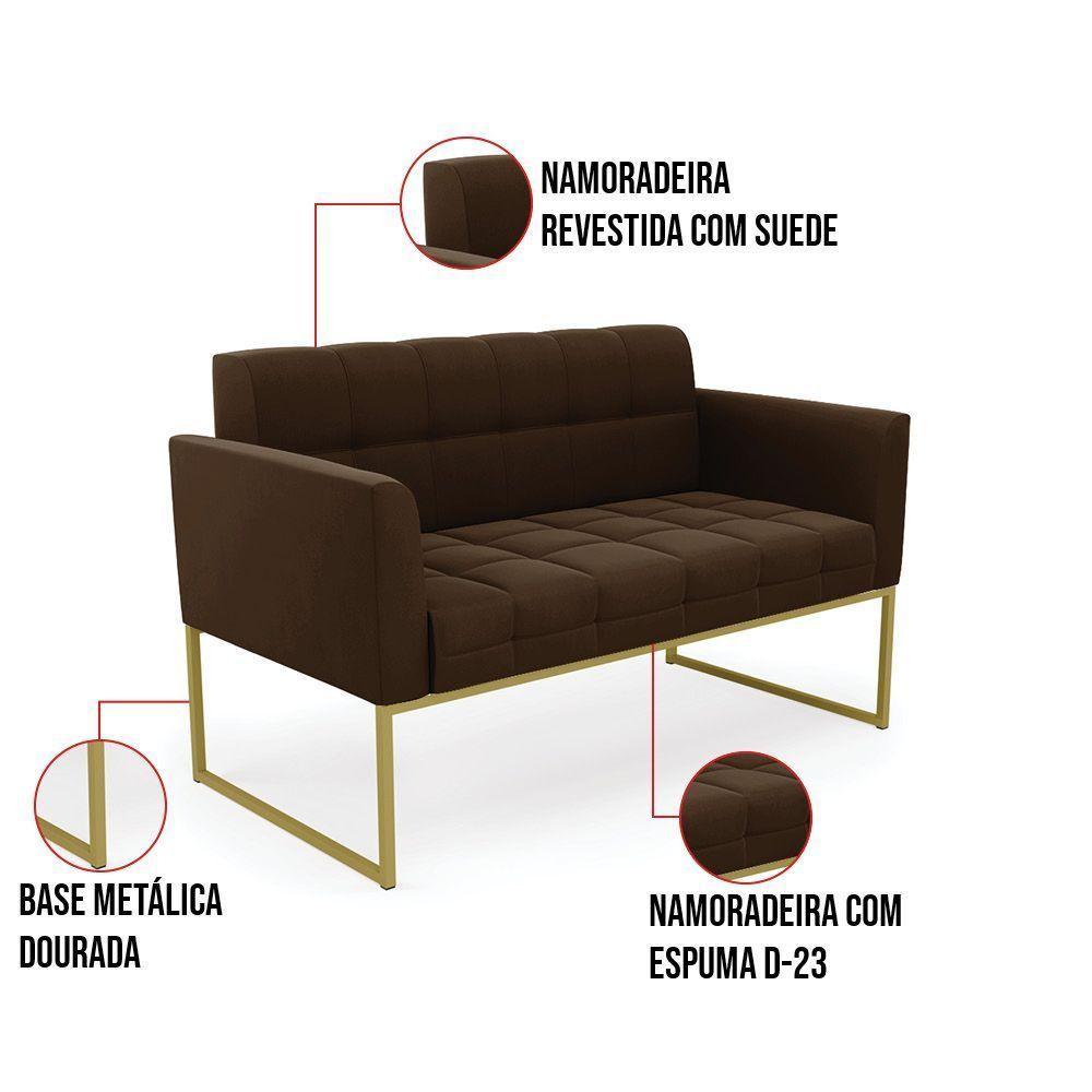 Kit 1 Sofá Namoradeira E 1 Poltrona Elisa Suede Marrom Base Metálica Industrial Dourada - D'rossi - 8