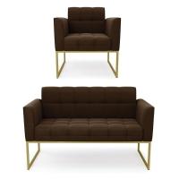 Kit 1 Sofá Namoradeira E 1 Poltrona Elisa Suede Marrom Base Metálica Industrial Dourada - D'rossi - 1