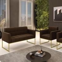 Kit 1 Sofá Namoradeira E 1 Poltrona Elisa Suede Marrom Base Metálica Industrial Dourada - D'rossi