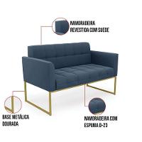 Kit 1 Sofá Namoradeira E 2 Poltronas Elisa Suede Base Metálica Industrial Dourada Cor Azul Marinho - 6