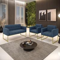 Kit 1 Sofá Namoradeira E 2 Poltronas Elisa Suede Base Metálica Industrial Dourada Cor Azul Marinho - 7
