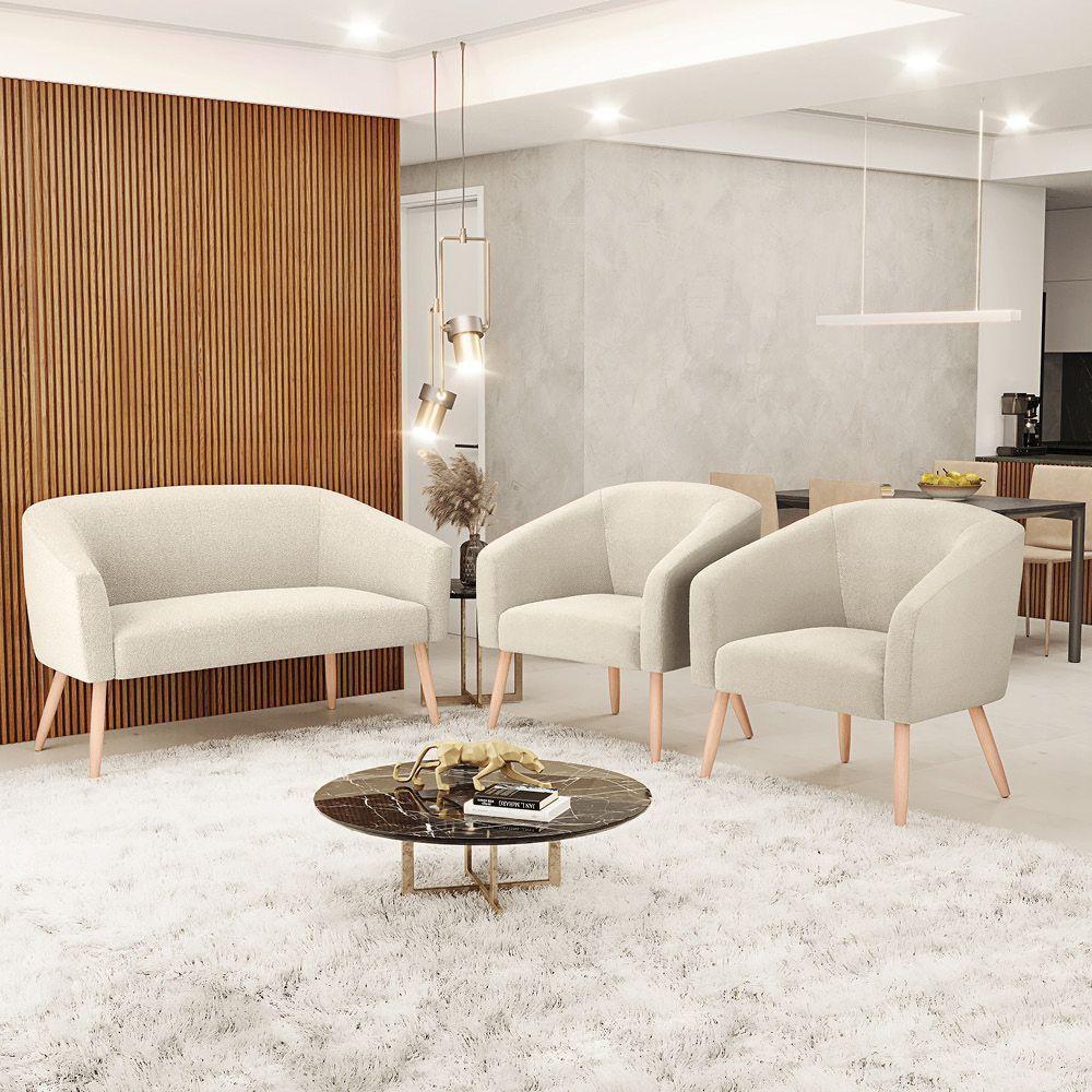 Kit 1 Sofá Namoradeira E 2 Poltronas Stella Bouclê Pés Palito Natural D'rossi Cor Bege - 8