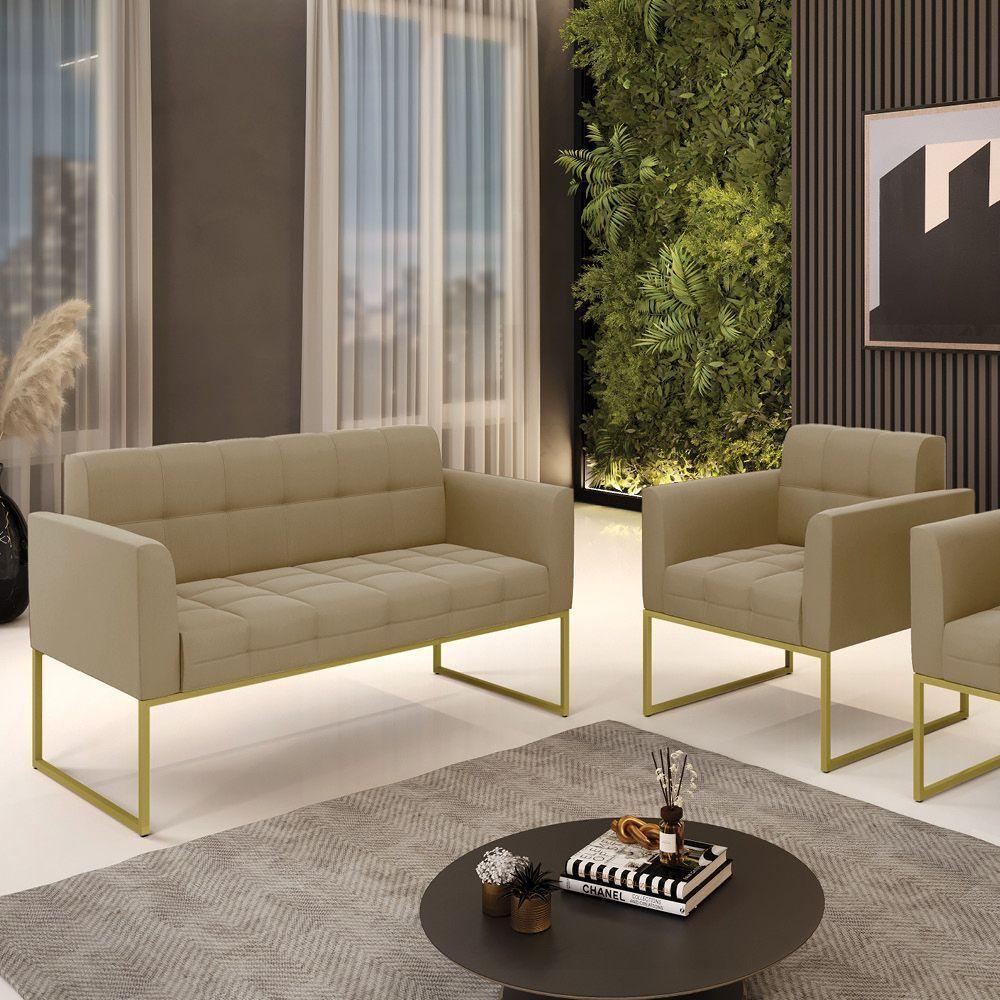 Kit 1 Sofá Namoradeira E 1 Poltrona Elisa Suede Marrom Rato Base Metálica Industrial Dourada - - 4