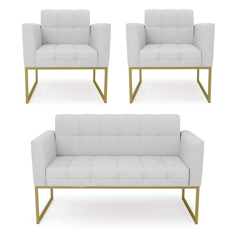 Kit 1 Sofá Namoradeira E 2 Poltronas Elisa Linho Cinza A05 Base Metálica Industrial Dourada D'rossi - 1