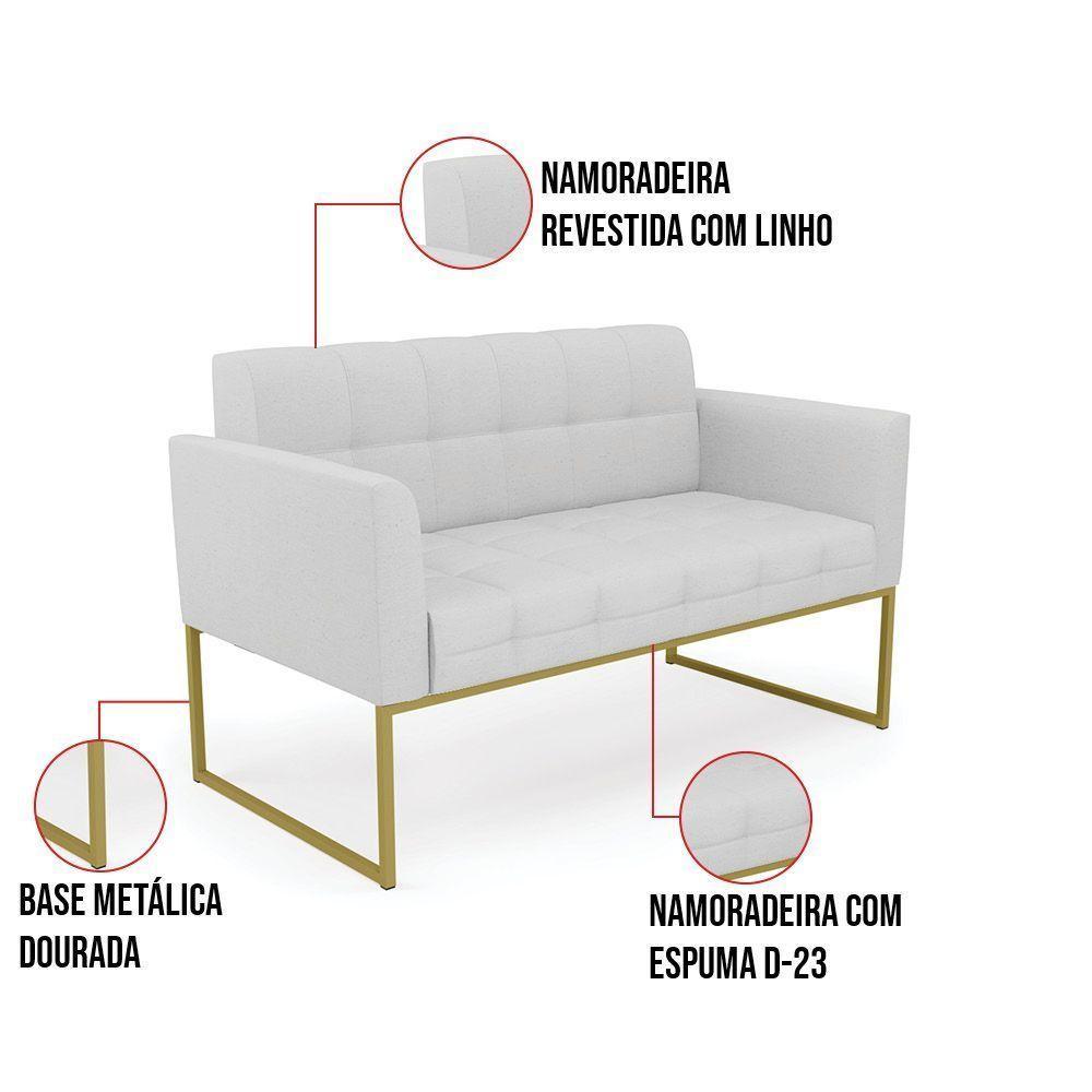 Kit 1 Sofá Namoradeira E 2 Poltronas Elisa Linho Cinza A05 Base Metálica Industrial Dourada D'rossi - 5