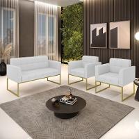 Kit 1 Sofá Namoradeira E 2 Poltronas Elisa Linho Cinza A05 Base Metálica Industrial Dourada D'rossi - 2