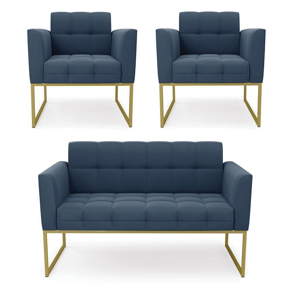 Kit 1 Sofá Namoradeira E 2 Poltronas Elisa Suede Azul Marinho Base Metálica Industrial Dourada - 1