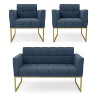 Kit 1 Sofá Namoradeira E 2 Poltronas Elisa Suede Azul Marinho Base Metálica Industrial Dourada - 1
