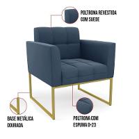 Kit 1 Sofá Namoradeira E 2 Poltronas Elisa Suede Azul Marinho Base Metálica Industrial Dourada - 7
