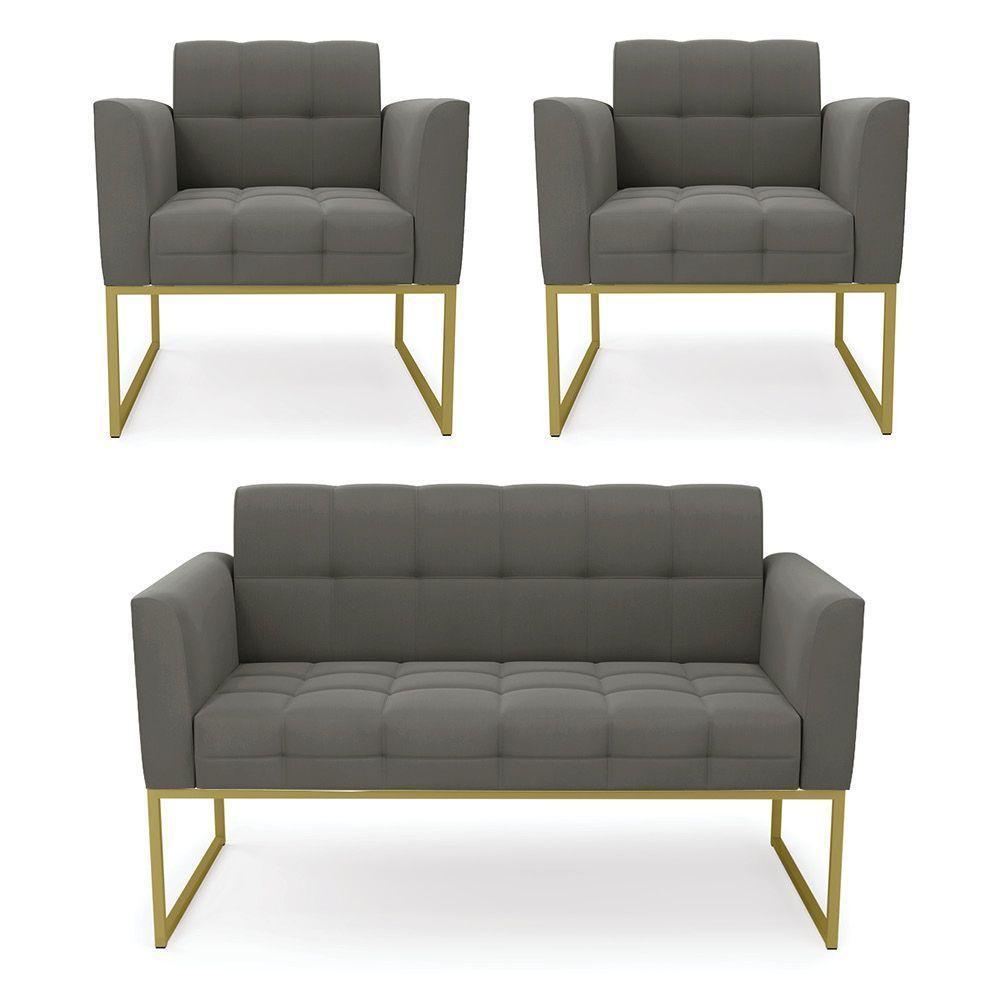 Kit 1 Sofá Namoradeira E 2 Poltronas Elisa Suede Grafite Base Metálica Industrial Dourada D'rossi - 1