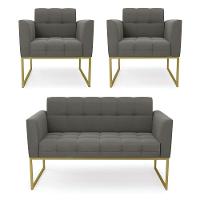 Kit 1 Sofá Namoradeira E 2 Poltronas Elisa Suede Grafite Base Metálica Industrial Dourada D'rossi - 1