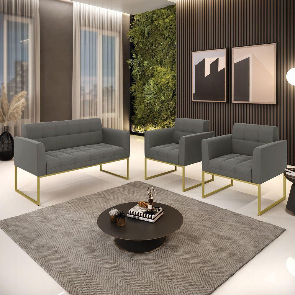 Kit 1 Sofá Namoradeira E 2 Poltronas Elisa Suede Base Metálica Industrial Dourada Cor Grafite - 4
