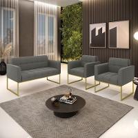 Kit 1 Sofá Namoradeira E 2 Poltronas Elisa Suede Base Metálica Industrial Dourada Cor Grafite