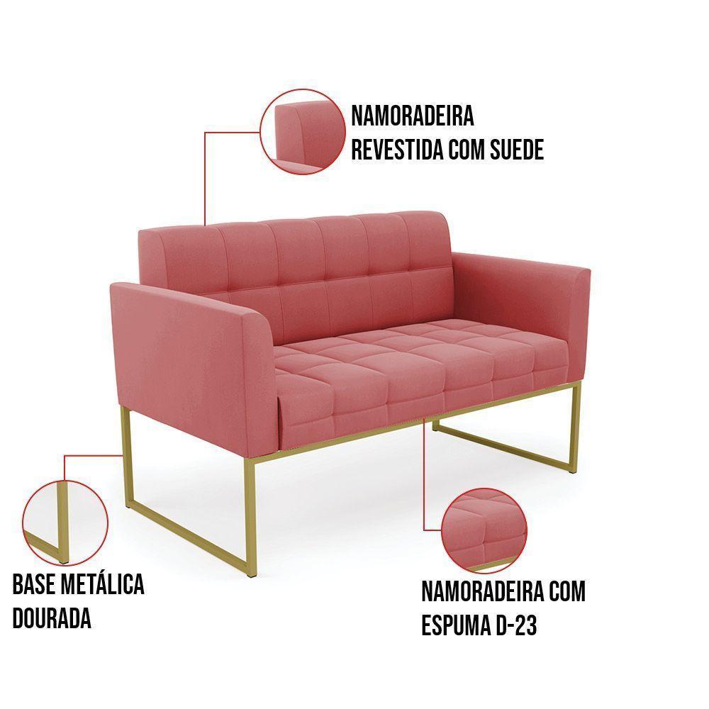 Kit 1 Sofá Namoradeira E 1 Poltrona Elisa Suede Rosê Base Metálica Industrial Dourada - D'rossi - 5