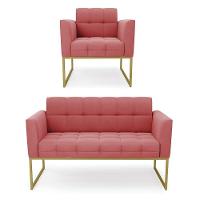 Kit 1 Sofá Namoradeira E 1 Poltrona Elisa Suede Rosê Base Metálica Industrial Dourada - D'rossi - 1