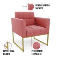 Kit 1 Sofá Namoradeira E 1 Poltrona Elisa Suede Rosê Base Metálica Industrial Dourada - D'rossi