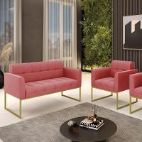 Kit 1 Sofá Namoradeira E 1 Poltrona Elisa Suede Rosê Base Metálica Industrial Dourada - D'rossi - 8