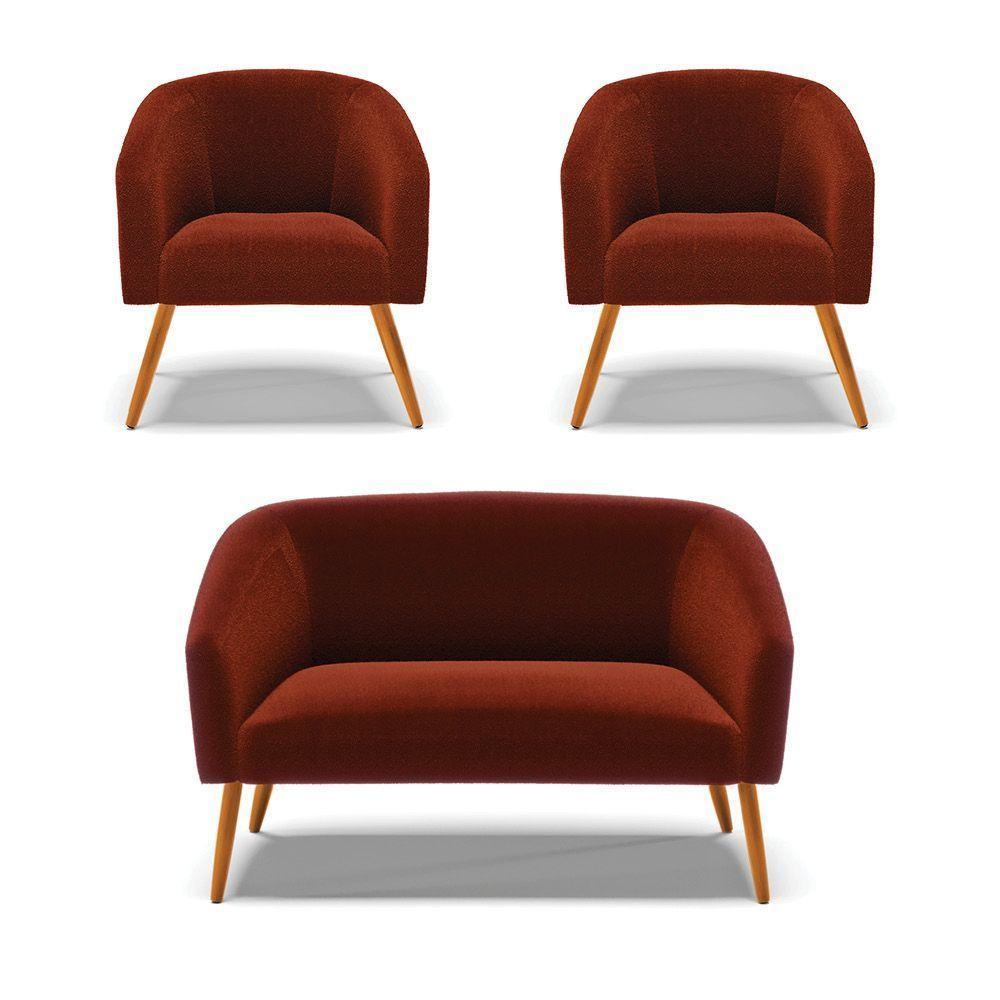 Kit 1 Sofá Namoradeira E 2 Poltronas Stella Bouclê Pés Palito Castanho D'rossi Cor Terra - 1