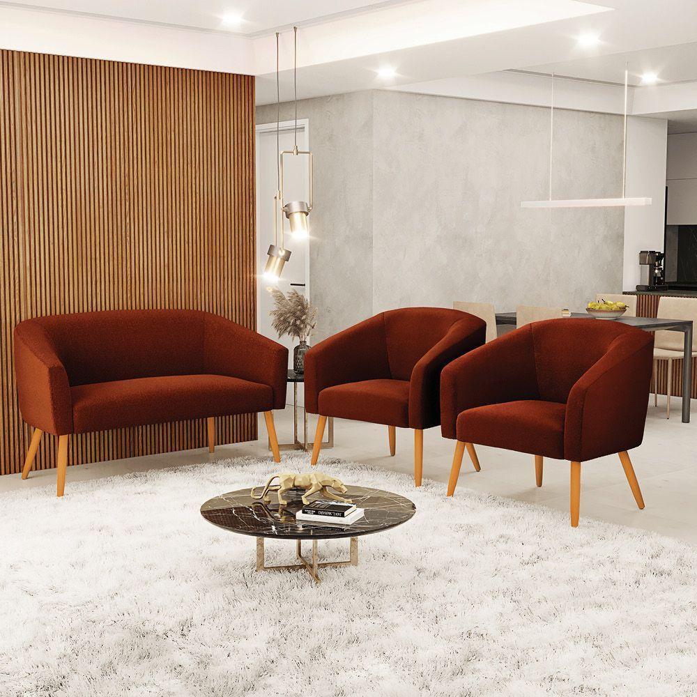 Kit 1 Sofá Namoradeira E 2 Poltronas Stella Bouclê Pés Palito Castanho D'rossi Cor Terra - 6