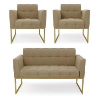 Kit 1 Sofá Namoradeira E 2 Poltronas Elisa Suede Base Metálica Industrial Dourada Cor Marrom Rato - 1