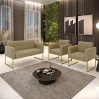 Kit 1 Sofá Namoradeira E 2 Poltronas Elisa Suede Base Metálica Industrial Dourada Cor Marrom Rato - 7