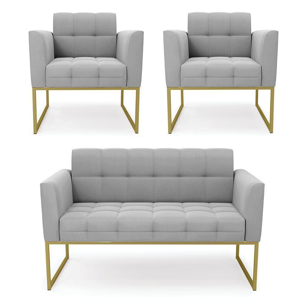 Kit 1 Sofá Namoradeira E 2 Poltronas Elisa Suede Base Metálica Industrial Dourada D'rossi Cor Cinza - 1