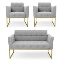 Kit 1 Sofá Namoradeira E 2 Poltronas Elisa Suede Base Metálica Industrial Dourada D'rossi Cor Cinza - 1