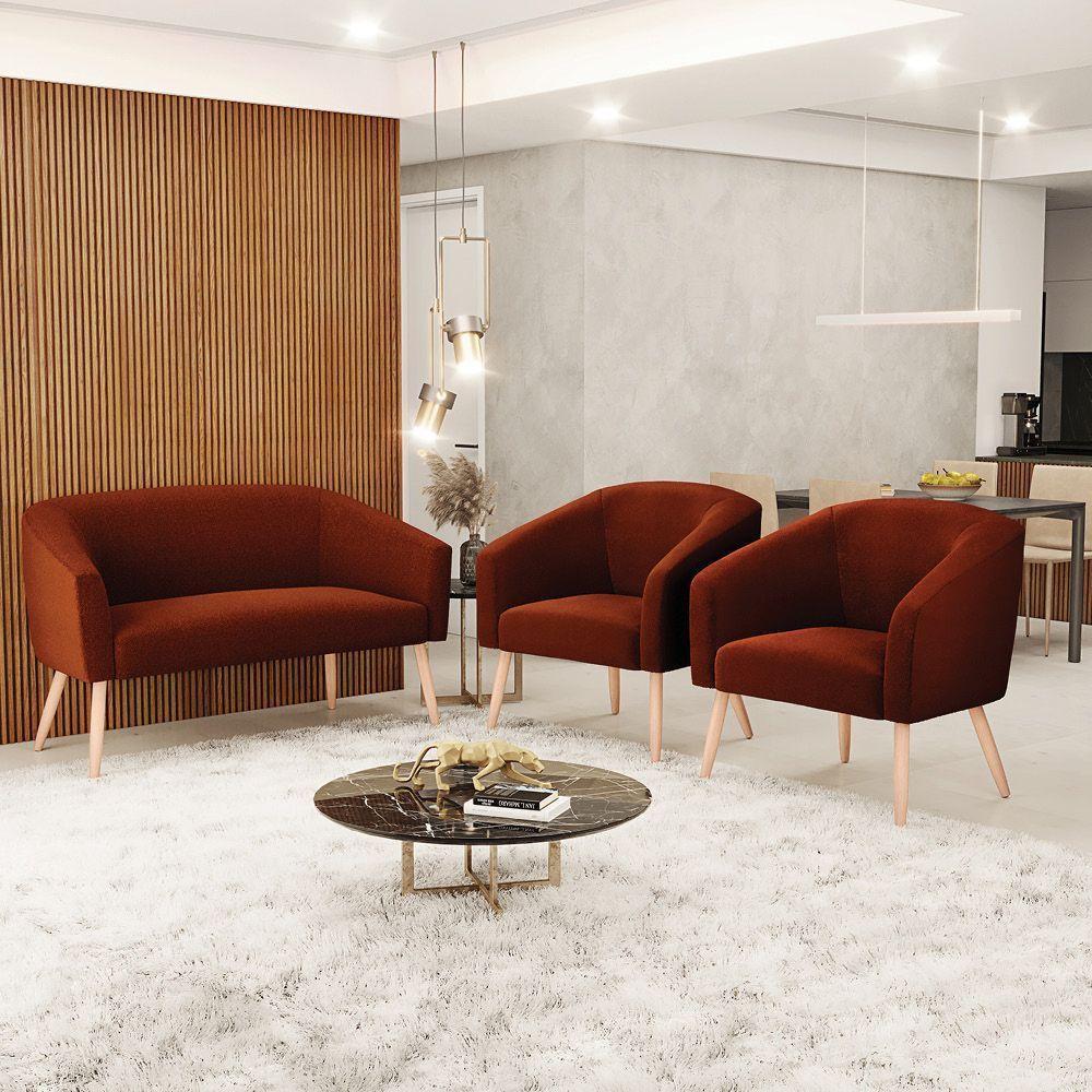 Kit 1 Sofá Namoradeira E 2 Poltronas Stella Bouclê Terra Pés Palito Natural D'rossi - 9