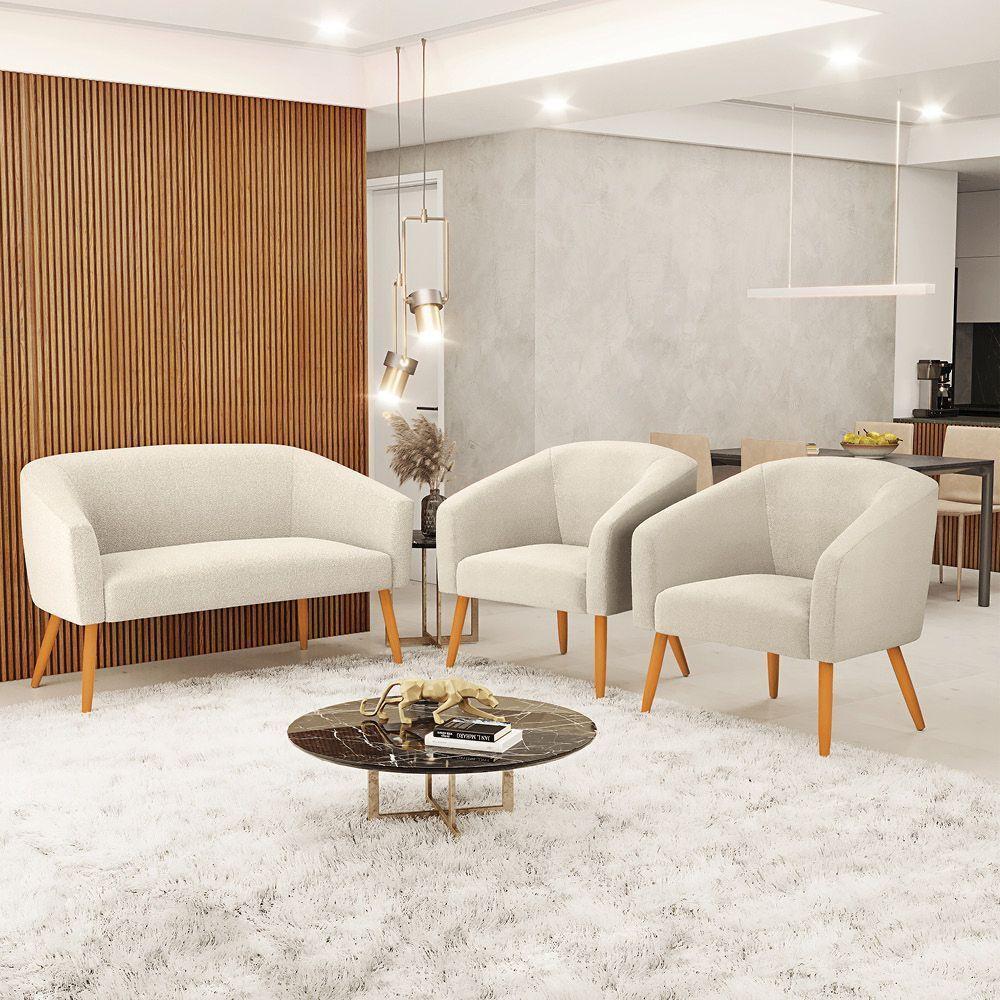 Kit 1 Sofá Namoradeira E 2 Poltronas Stella Bouclê Bege Pés Palito Castanho D'rossi - 2