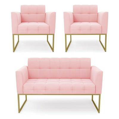 Kit 1 Sofá Namoradeira E 2 Poltronas Elisa Suede Base Metálica Industrial Dourada Cor Rosa Bebê