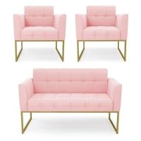 Kit 1 Sofá Namoradeira E 2 Poltronas Elisa Suede Base Metálica Industrial Dourada Cor Rosa Bebê - 1