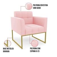 Kit 1 Sofá Namoradeira E 2 Poltronas Elisa Suede Base Metálica Industrial Dourada Cor Rosa Bebê - 3
