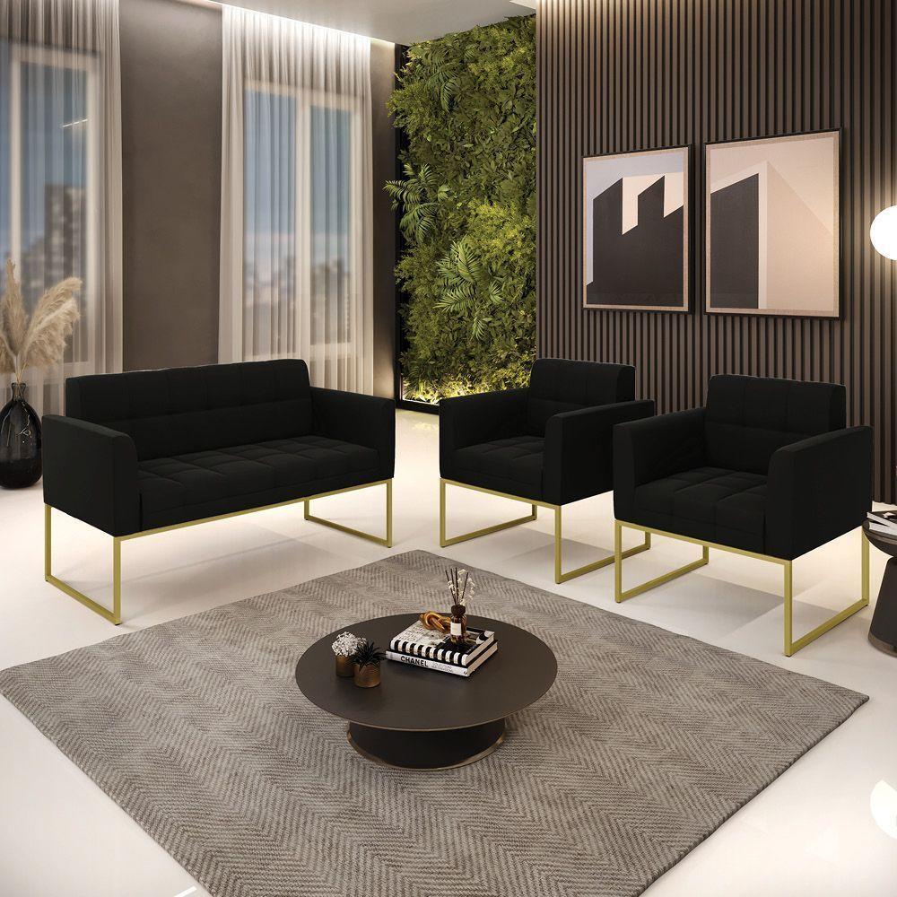 Kit 1 Sofá Namoradeira E 2 Poltronas Elisa Suede Preto Base Metálica Industrial Dourada D'rossi - 5