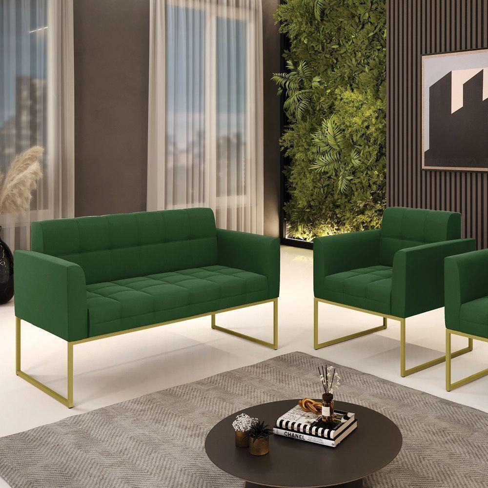 Kit 1 Sofá Namoradeira E 1 Poltrona Elisa Suede Verde Base Metálica Industrial Dourada - D'rossi - 4