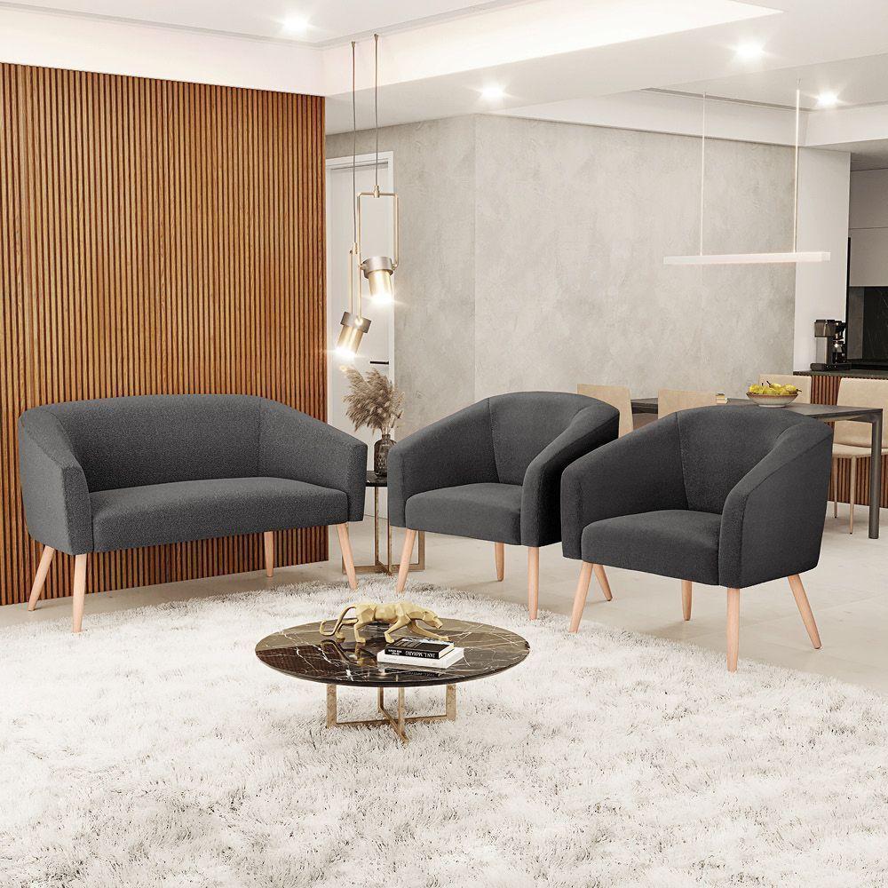 Kit 1 Sofá Namoradeira E 2 Poltronas Stella Bouclê Pés Palito Natural D'rossi Cor Grafite - 9