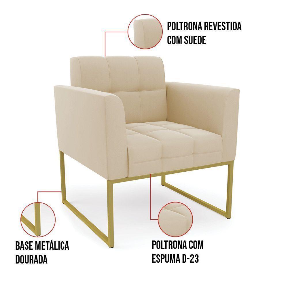 Kit 1 Sofá Namoradeira E 2 Poltronas Elisa Suede Base Metálica Industrial Dourada D'rossi Cor Bege - 4
