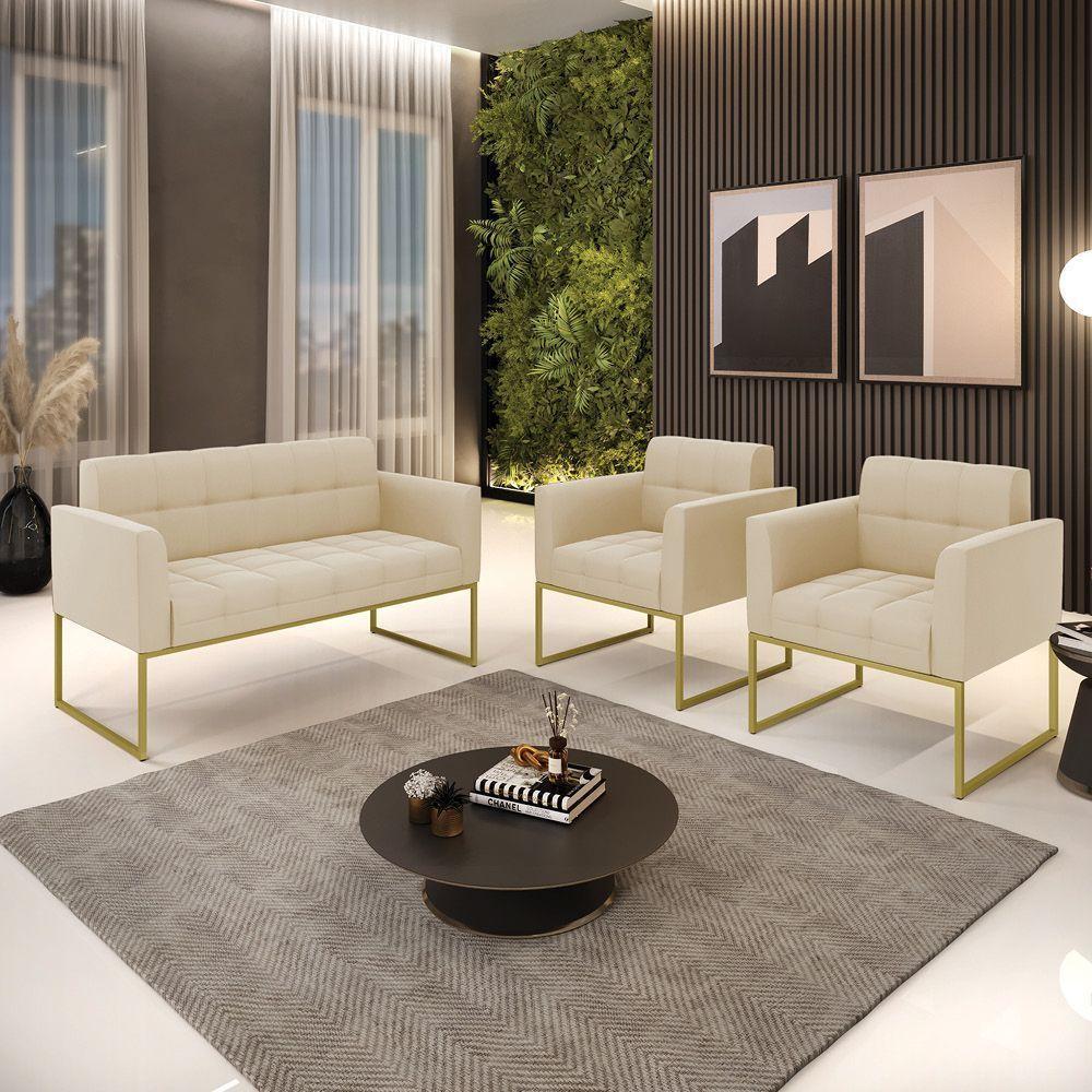 Kit 1 Sofá Namoradeira E 2 Poltronas Elisa Suede Base Metálica Industrial Dourada D'rossi Cor Bege - 6