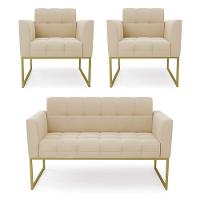 Kit 1 Sofá Namoradeira E 2 Poltronas Elisa Suede Base Metálica Industrial Dourada D'rossi Cor Bege - 1