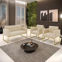 Kit 1 Sofá Namoradeira E 2 Poltronas Elisa Suede Base Metálica Industrial Dourada D'rossi Cor Bege - 6