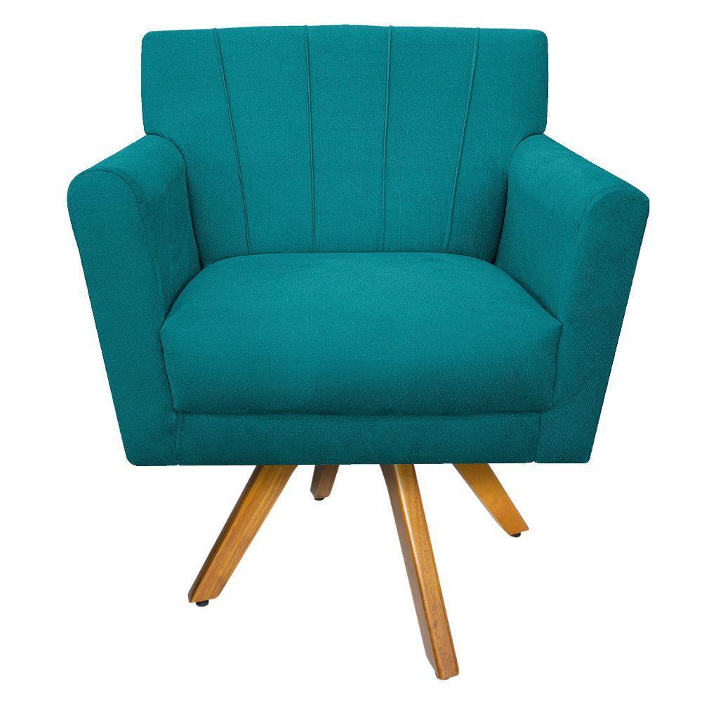 Poltrona Laura Base Giratória de Madeira Suede Azul Turquesa - 4