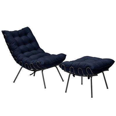 Conjunto decorativo Poltrona e Puff Abel Base de Ferro Preto Veludo Azul