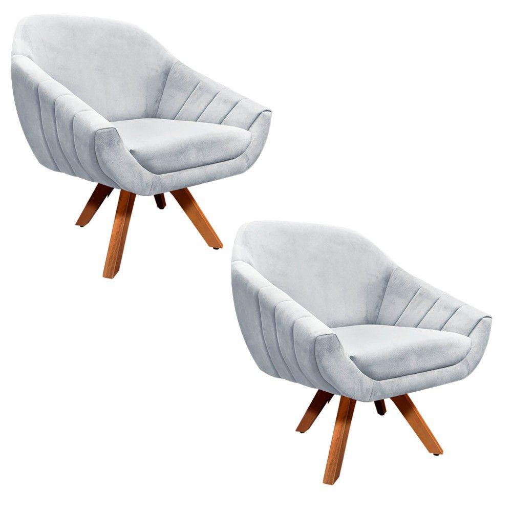 Kit 02 Poltronas Giratória Giovana Suede Cinza Base Madeira - 1