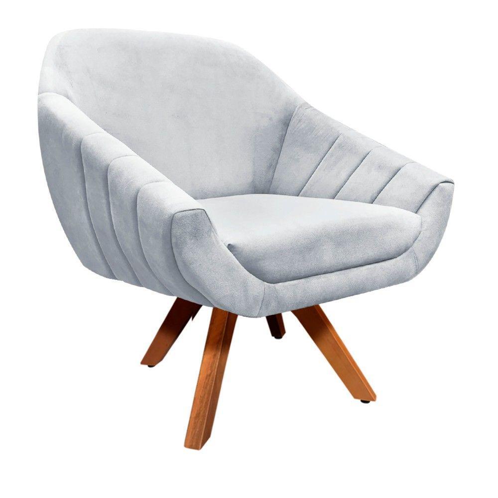 Kit 02 Poltronas Giratória Giovana Suede Cinza Base Madeira - 3