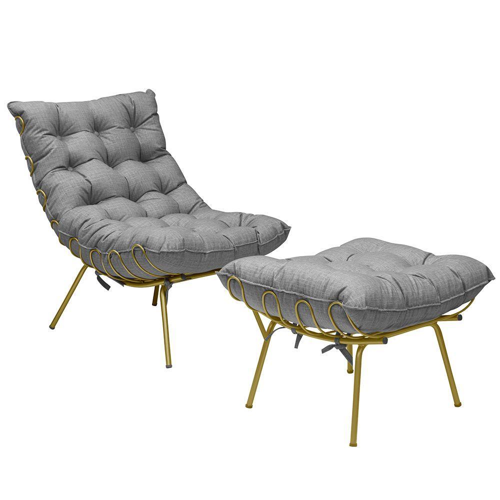 Poltrona e Puff Abel Base de Ferro Dourada Linho Cinza - 1